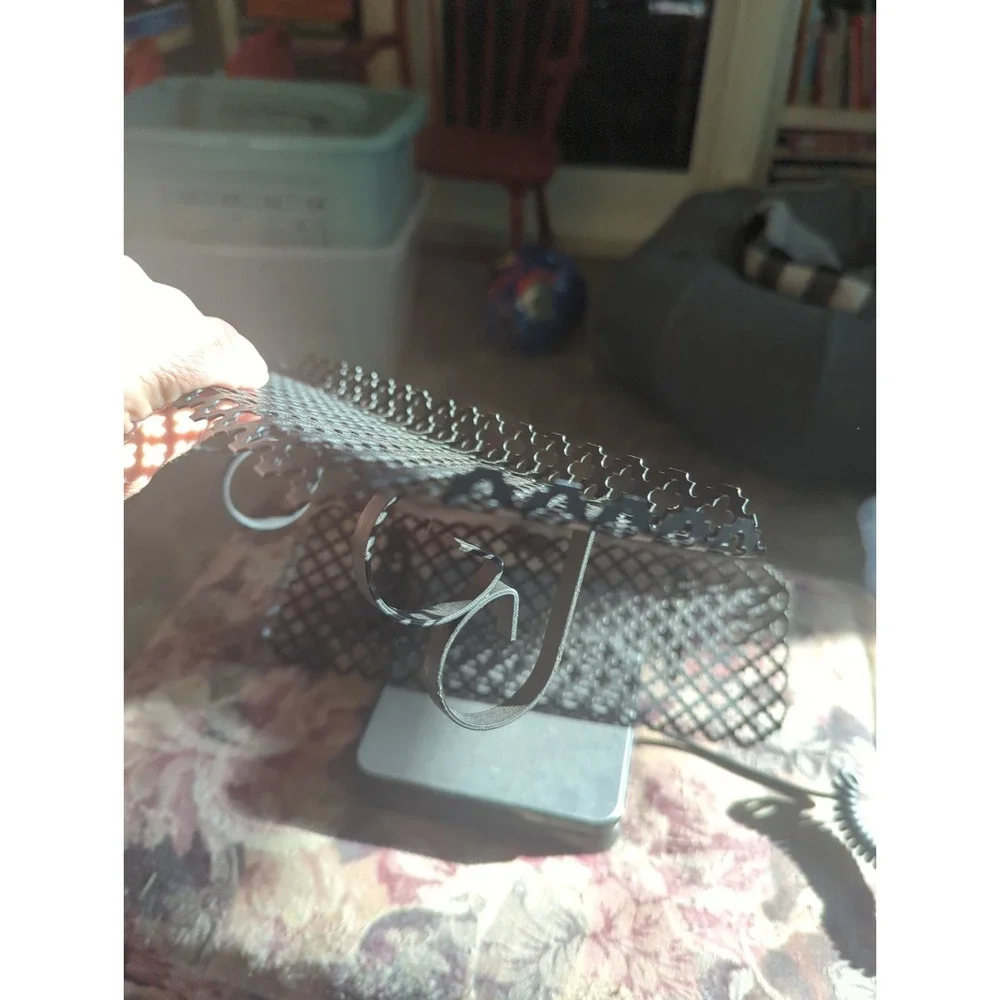 2 Vintage Black Metal Mesh Wall Shelves MCM Filigree Stamp Cut